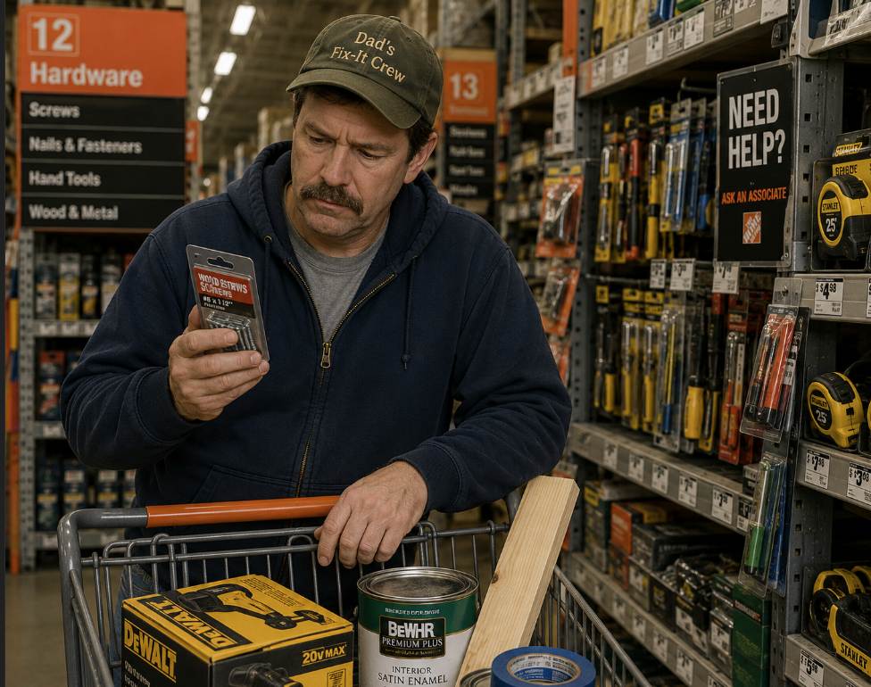 A man in a cap and hoodie stands in a hardware store aisle, showing peak dad habits as he examines a small item from his cart filled with paint, wood, and a DeWalt tool. Shelves of tools and a "Need Help?" sign are visible.