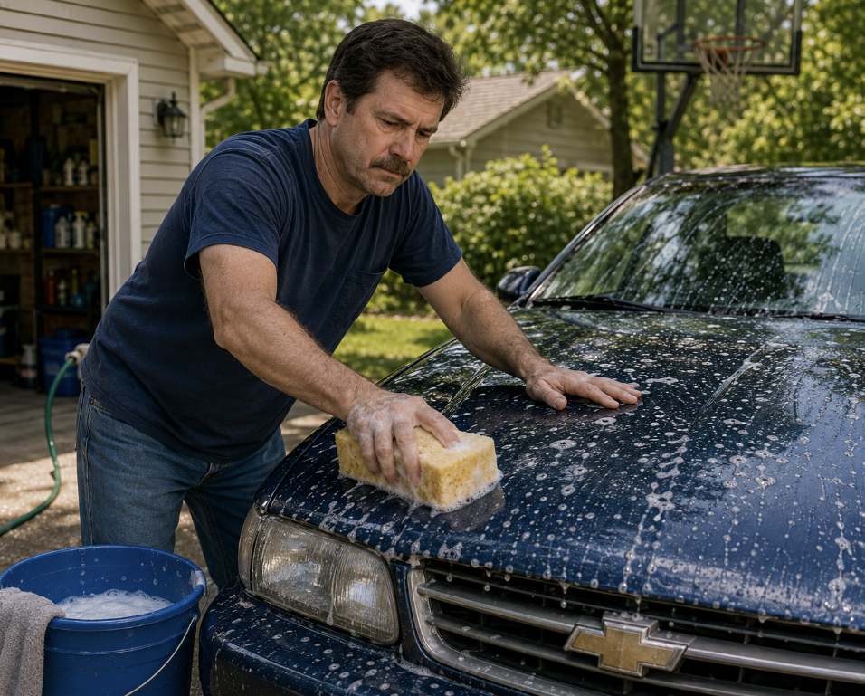 A man in a navy t-shirt washes a dark blue Chevrolet car with a large yellow sponge, creating suds on the hood—a classic display of dad habits. A blue bucket sits nearby in a driveway with trees and a garage in the background.