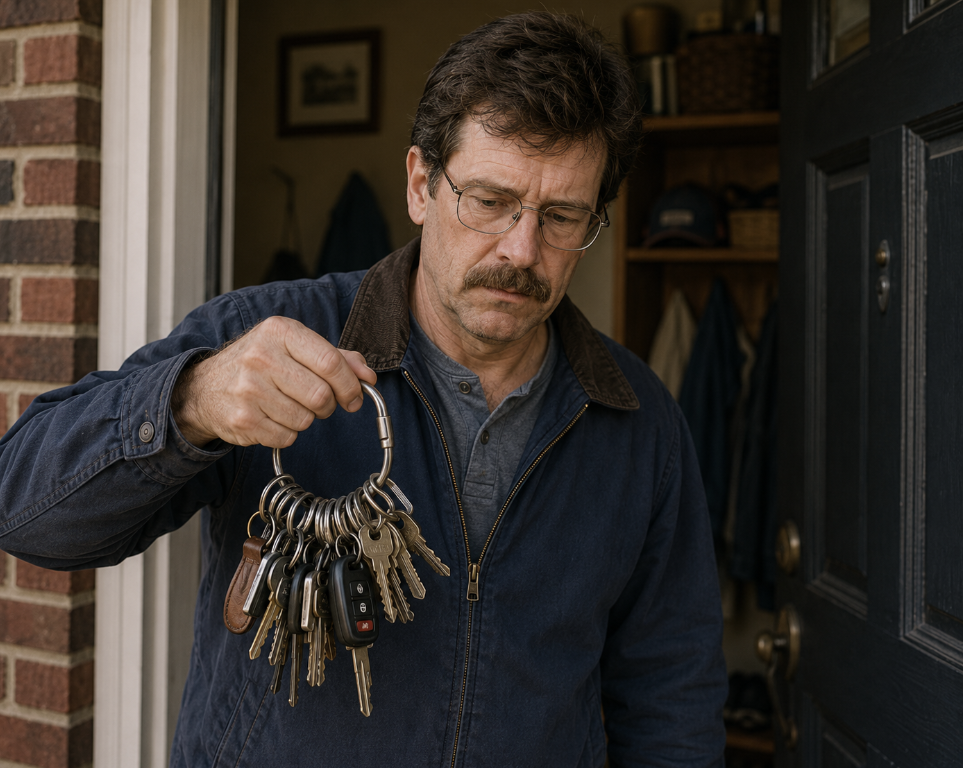 A man with glasses and a mustache stands in a doorway, wearing a blue jacket and holding a large keyring with many keys and key fobs—a classic display of dad habits—as he looks down at them with a serious expression.
