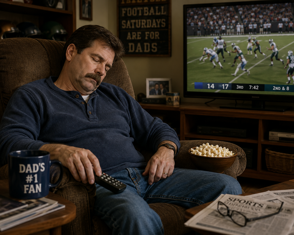 A man naps in a recliner holding a TV remote, with a mug, popcorn, and newspaper nearby. A football game plays on TV, and a sign behind him reads "Football Saturdays are for dads"—classic dad habits on display.