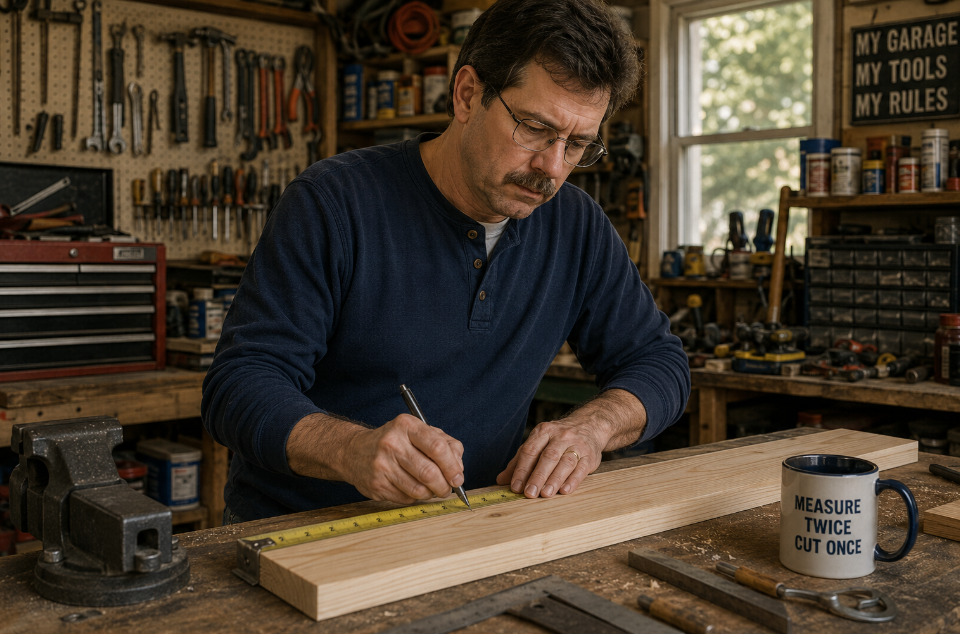 A man with glasses measures a wooden plank in a workshop filled with tools, showcasing classic dad habits. He marks the wood with a pencil, and a mug on the table reads, "MEASURE TWICE CUT ONCE." Sunlight streams through the window behind him.