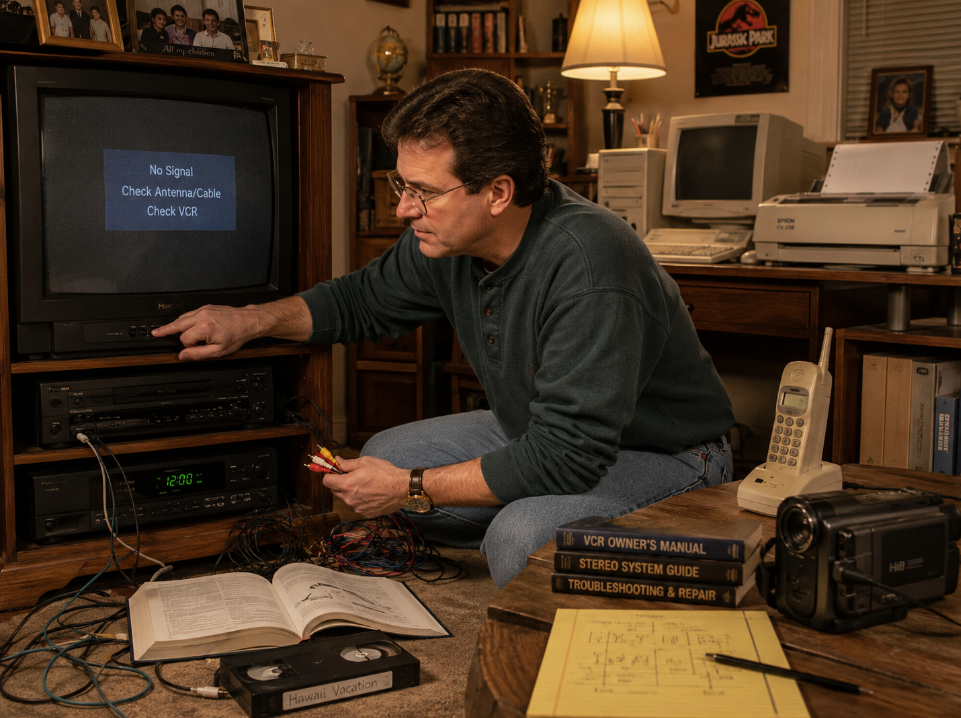 A man kneels in a living room, troubleshooting a VCR connection—classic dad habits. He holds RCA cables, with manuals, a camcorder, and notepad nearby. The TV displays “No Signal. Check Antenna/Cable. Check VCR.”