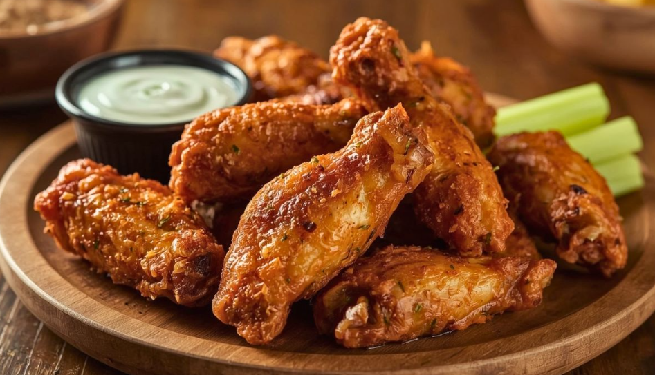 A wooden plate filled with crispy fried chicken wings tossed in signature wing sauces, accompanied by celery sticks and a small cup of creamy dipping sauce.