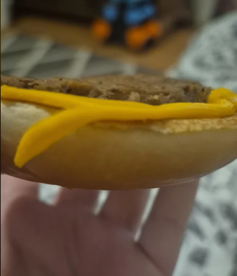 A hand holds a half-eaten bagel topped with a slice of yellow cheese and a hamburger patty. The background is slightly blurred, showing part of a rug and some indistinct objects.