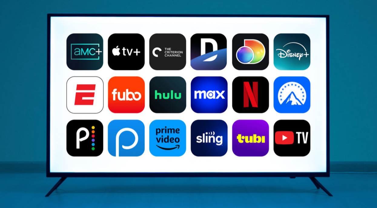 A TV screen displays icons for various everyday products in streaming, including AMC+, Apple TV+, Criterion Channel, DirecTV, Disney+, ESPN, Fubo, Hulu, Max, Netflix, Paramount+, Peacock, Prime Video, Sling, Tubi, and YouTube TV.