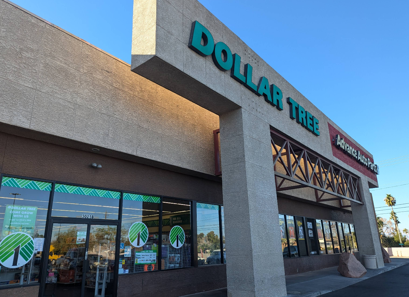 A Dollar Tree store with large green signage sits next to an Advance America. The storefront windows feature the Dollar Tree logo, and the sky above is clear and blue.