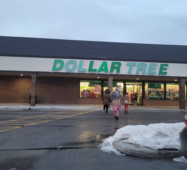 Three people walk toward a brightly lit Dollar Tree entrance in winter. Snow piles up near the curb, and the wet parking lot reflects the store’s signature green sign above.