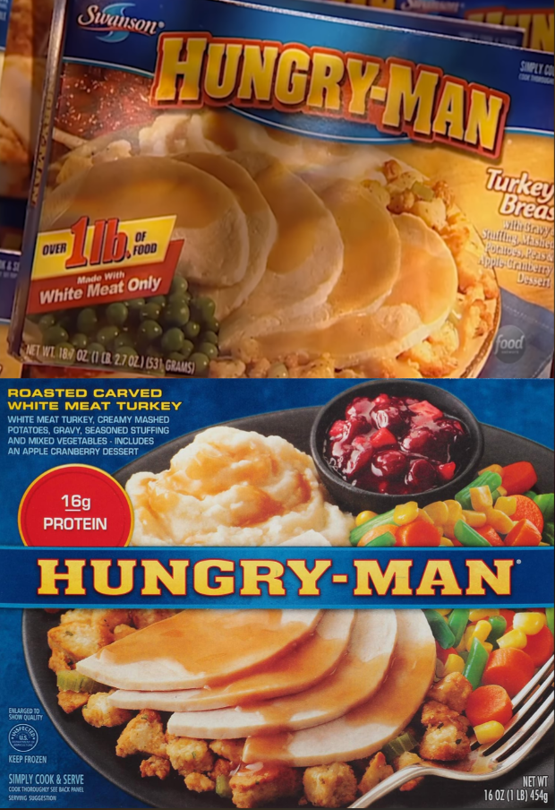Two Hungry-Man frozen meal boxes show turkey dinners with sliced turkey, mashed potatoes, gravy, stuffing, green beans, corn, and cranberry dessert. The top box is older; the bottom box shows more vibrant food images.
