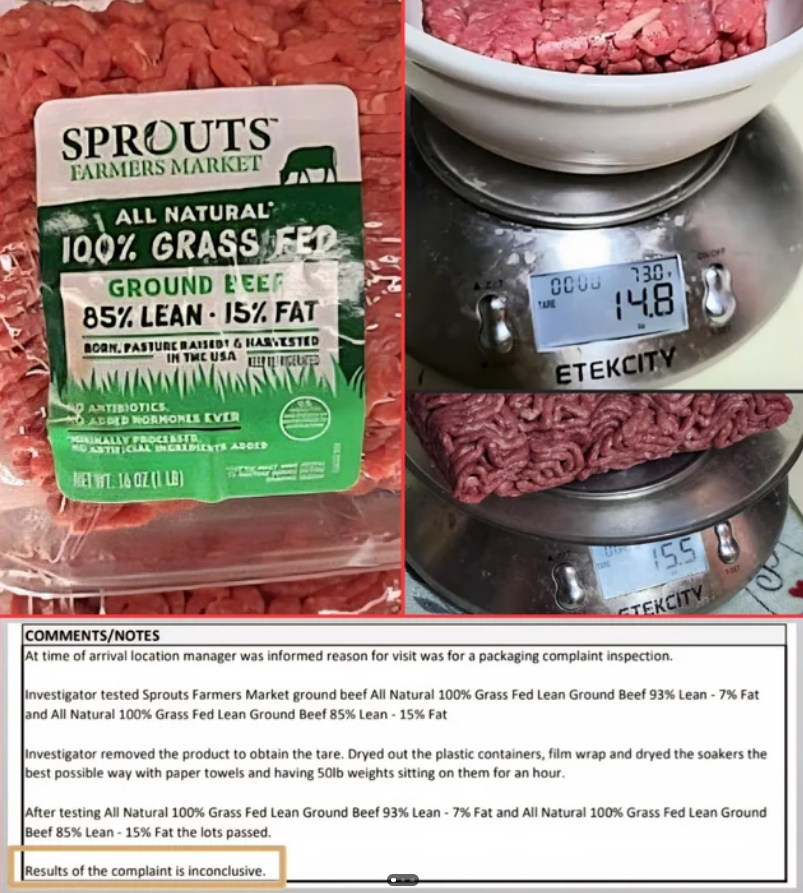 A package of Sprouts Farmers Market 85% lean grass-fed ground beef is shown next to ground beef on a digital scale reading 14.8 oz. A report below notes a packaging inspection with inconclusive complaint results.