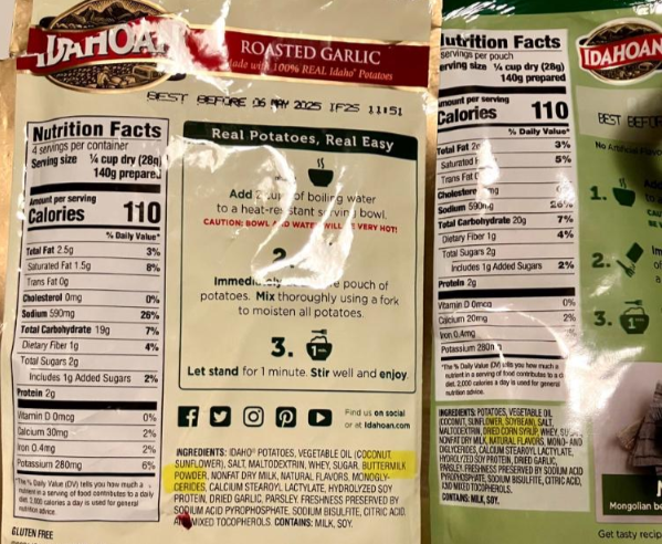 Three packages of Idahoan Roasted Garlic mashed potatoes are shown, displaying nutrition facts, ingredients, and preparation instructions in black text on beige backgrounds. Green and red labels highlight product details.