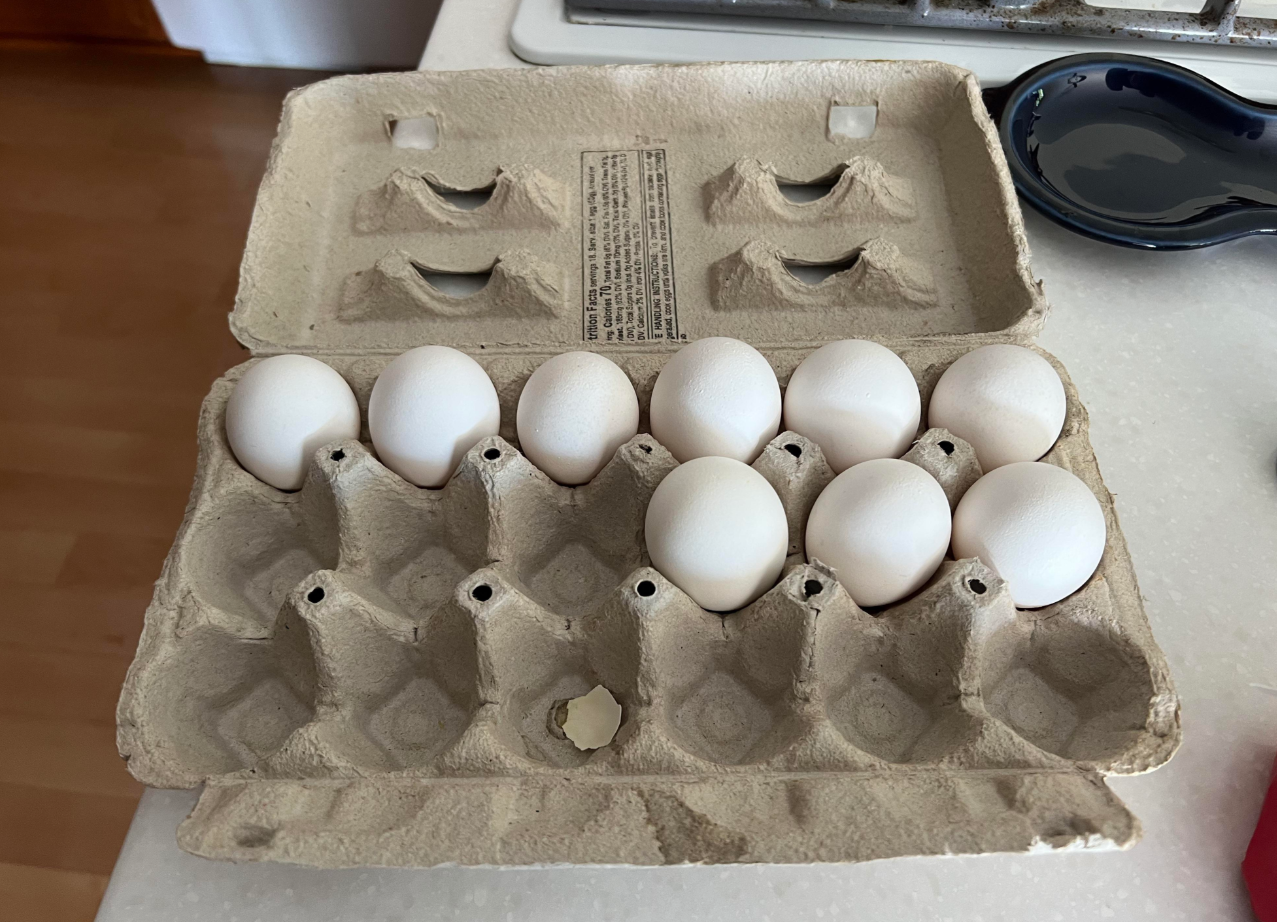 A carton of a dozen eggs with ten white eggs inside, leaving two spaces empty. The open carton, a classic among grocery items, sits on a light-colored kitchen counter.