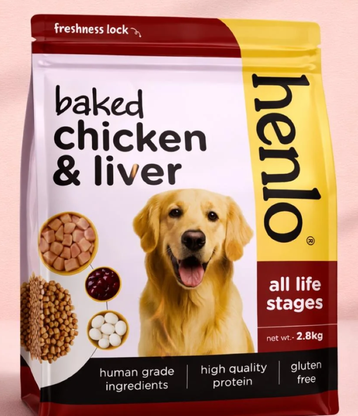 A bag of henlo brand baked chicken & liver dog food, displayed among grocery items, featuring a happy golden retriever, food images, and labels like "all life stages," "human grade ingredients," "high quality protein," and "gluten free.
