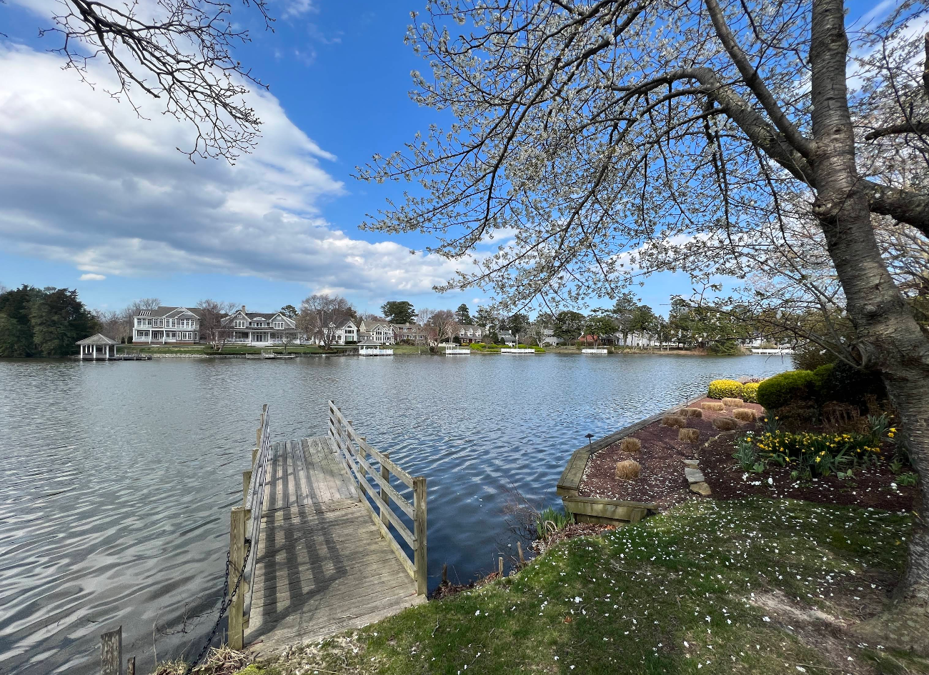 A wooden dock extends into a calm lake, with tree branches in the foreground and houses lining the opposite shore under a partly cloudy blue sky—creating a tranquil scene reminiscent of classic beach destinations. Manicured gardens and blooming flowers enhance the water’s edge.