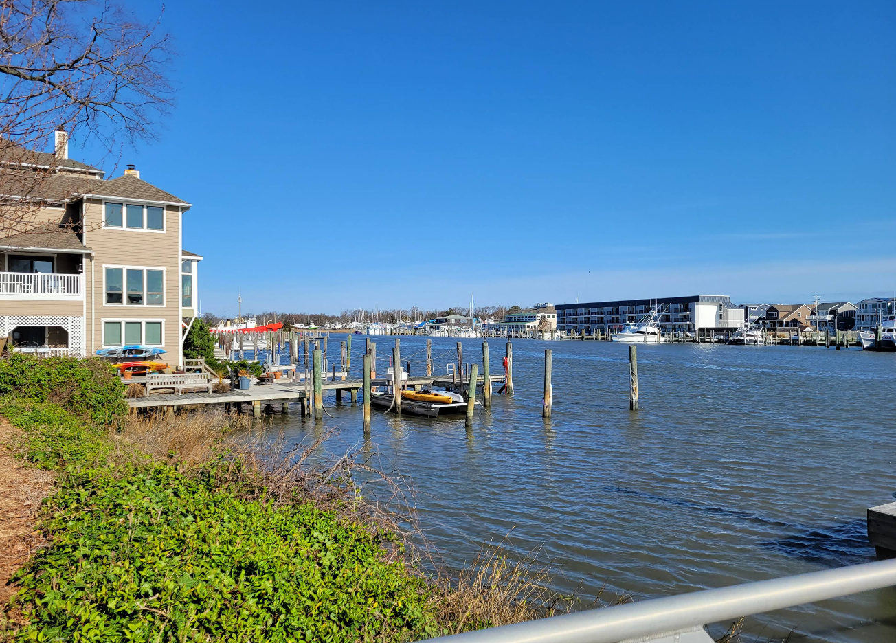 A waterfront scene in one of the charming tourist towns, with a house and boat docks on the left, boats moored along wooden piers, and buildings across the water under a clear blue sky. Green bushes are in the foreground.