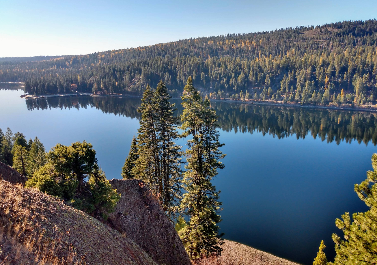 A calm lake bordered by dense pine forests reflects the blue sky and trees, evoking the peaceful charm of lake towns. Rocky cliffs and scattered evergreens are in the foreground, with a forested hillside in the background.