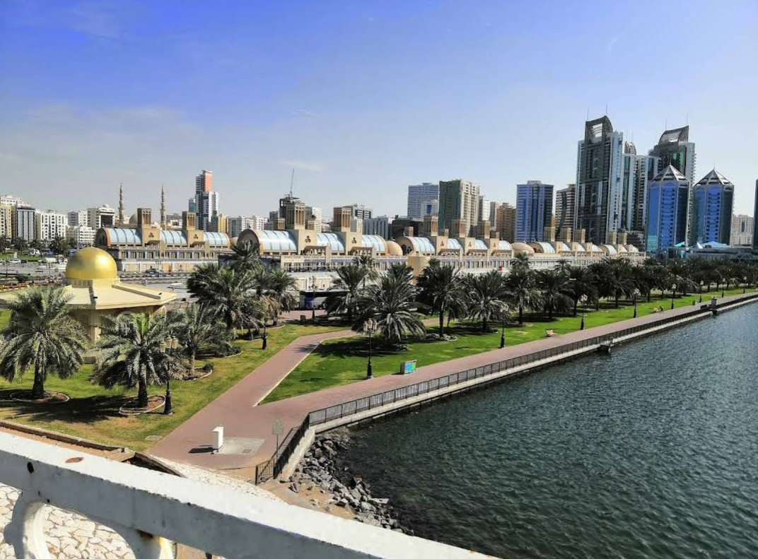 A waterfront park lined with palm trees sits beside a calm body of water, offering travelers save moments amid gold-domed buildings and modern high-rise skyscrapers under a clear blue sky.