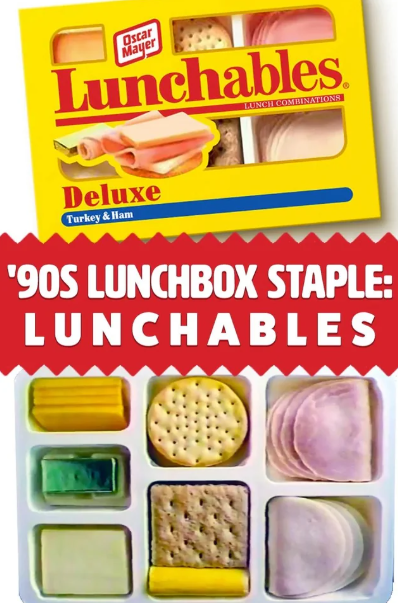 A package of Oscar Mayer Lunchables Deluxe with turkey, ham, cheese, crackers, and dessert shown. Text below reads: "'90s lunchbox staple: Lunchables.