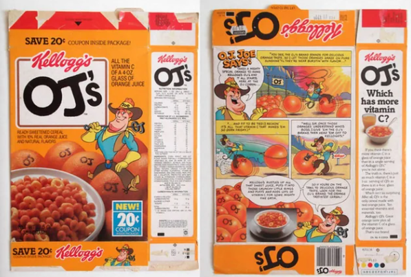 Front and back view of a vintage Kellogg's OJ's cereal box featuring a cartoon cowboy surrounded by oranges, comic strip, cereal bowl image, and prominent orange-themed branding and text about vitamin C content.