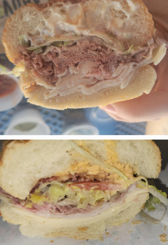 Two close-up images of sandwiches, each with layers of deli meats, lettuce, and condiments on sliced bread; both are cut to show the cross-sections and fillings inside.