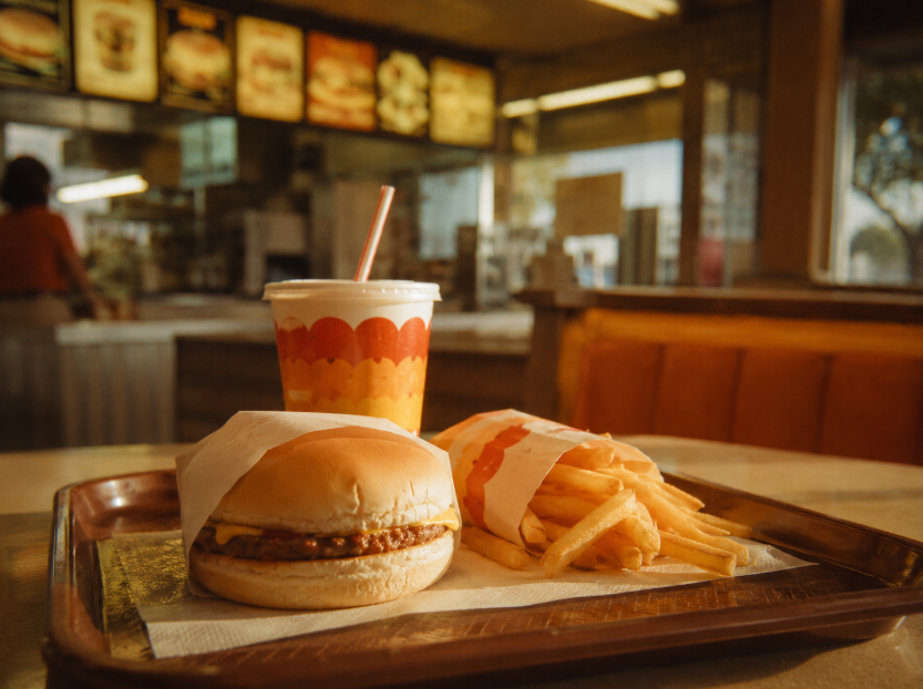 A tray on a fast food restaurant table holds a wrapped burger, a serving of french fries, and a soft drink. The background shows a retro-style diner with a menu board and yellow booth seating.
