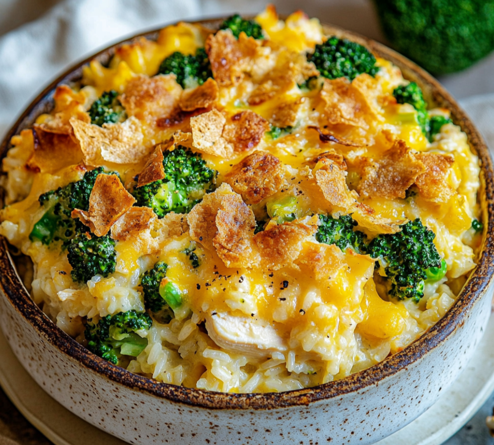 A bowl of cheesy broccoli and rice casserole, topped with melted cheese and crispy breadcrumbs, with pieces of broccoli and rice visible throughout—a comforting favorite among classic dinners.