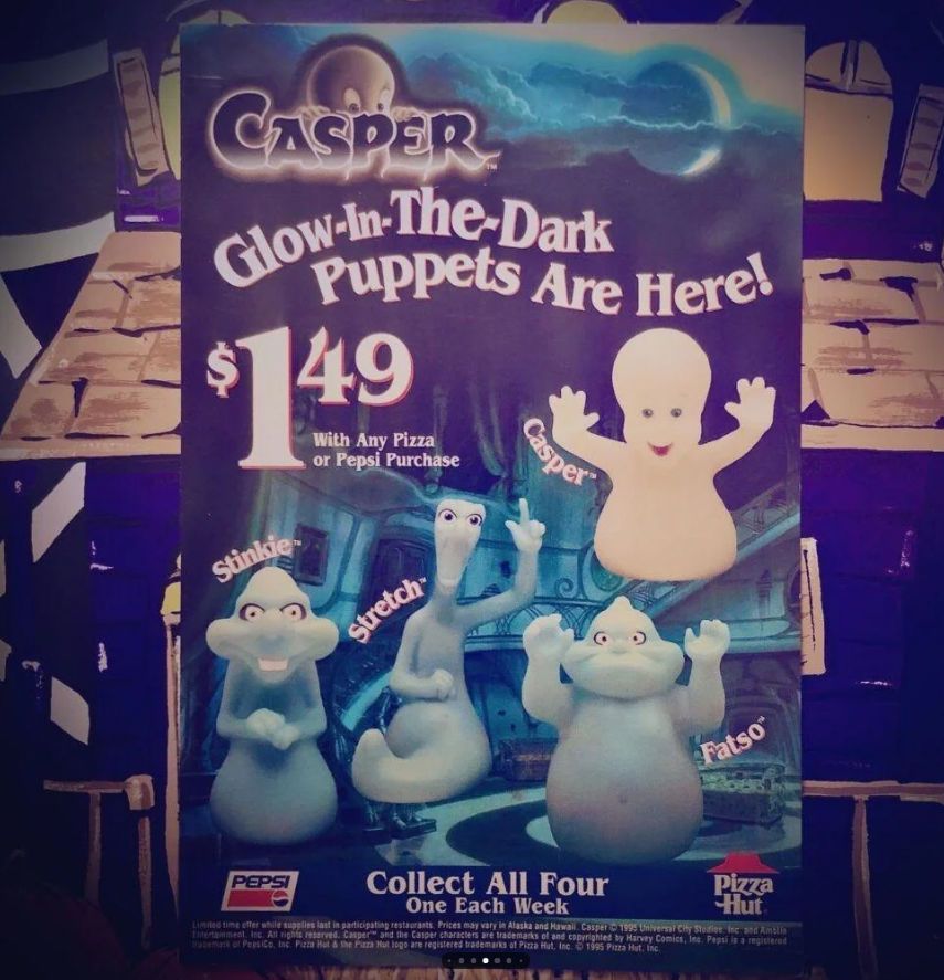 A vintage Pizza Hut ad features glow-in-the-dark Casper puppets for $1.49 with a pizza or Pepsi purchase. The puppets shown are Casper, Stinkie, Stretch, and Fatso. Text says “Collect all four.”