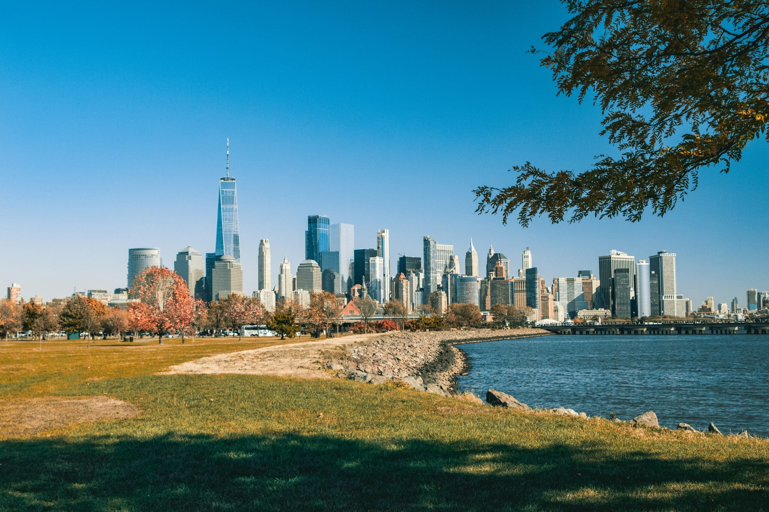 View of the New York City skyline with tall skyscrapers, including One World Trade Center, seen across the Hudson River on a clear day with blue sky, green grass, and autumn trees in the foreground.