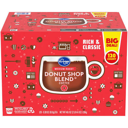 A red box of Kroger Donut Shop Blend Medium Roast Coffee with coffee cup and donut illustrations. The box contains 120 single-serve pods and is labeled "Rich & Classic" and "Big Deal! 120 Count.