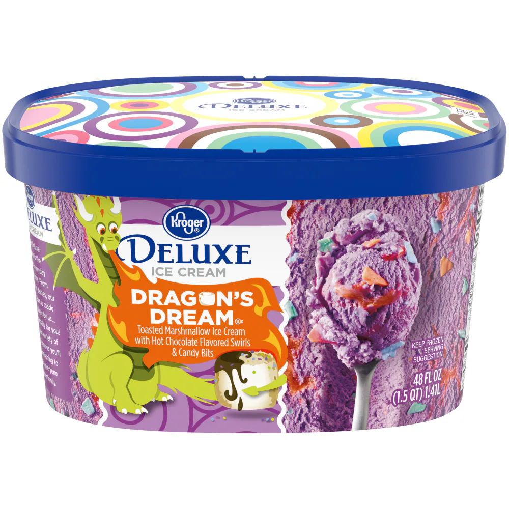 Kroger Deluxe Dragon’s Dream ice cream container with a purple, orange, and green dragon theme. The label shows a scoop of purple ice cream with colorful candy bits and features a cartoon dragon on the left side.