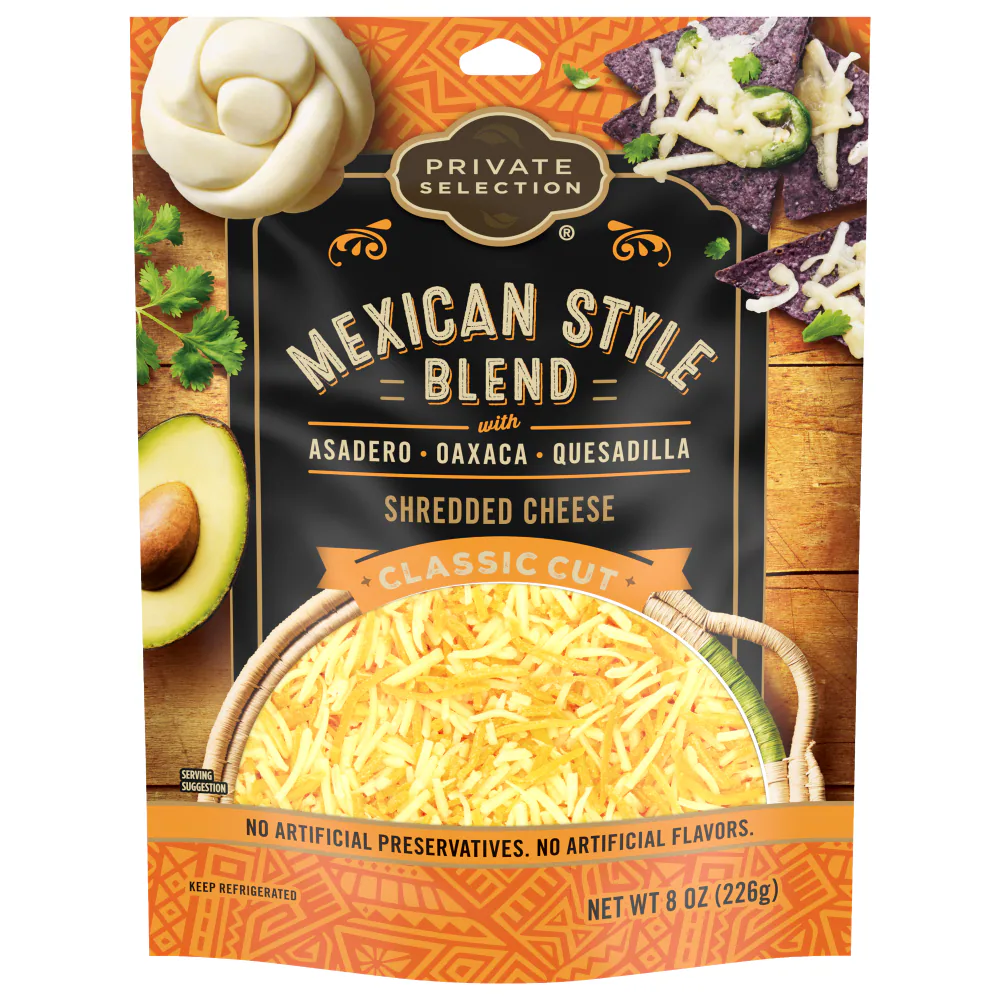 A package of Private Selection Mexican Style Blend shredded cheese, featuring asadero, oaxaca, and quesadilla varieties. The 8 oz bag displays cheese, an avocado, tortilla chips with cheese, and a cheese curl on the front.