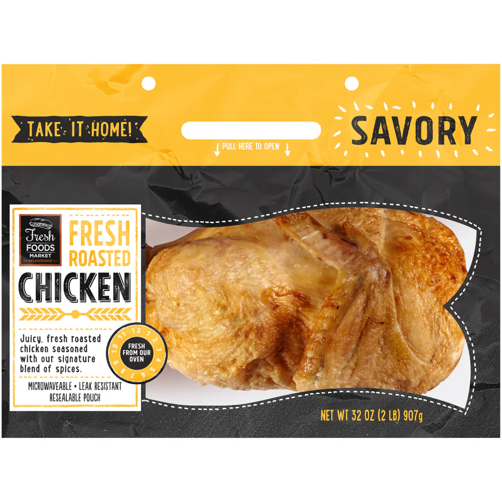 A package of freshly roasted chicken with a golden-brown skin is shown. The label reads “Fresh Foods Market Fresh Roasted Chicken,” and describes it as savory, microwaveable, and seasoned with a blend of spices.