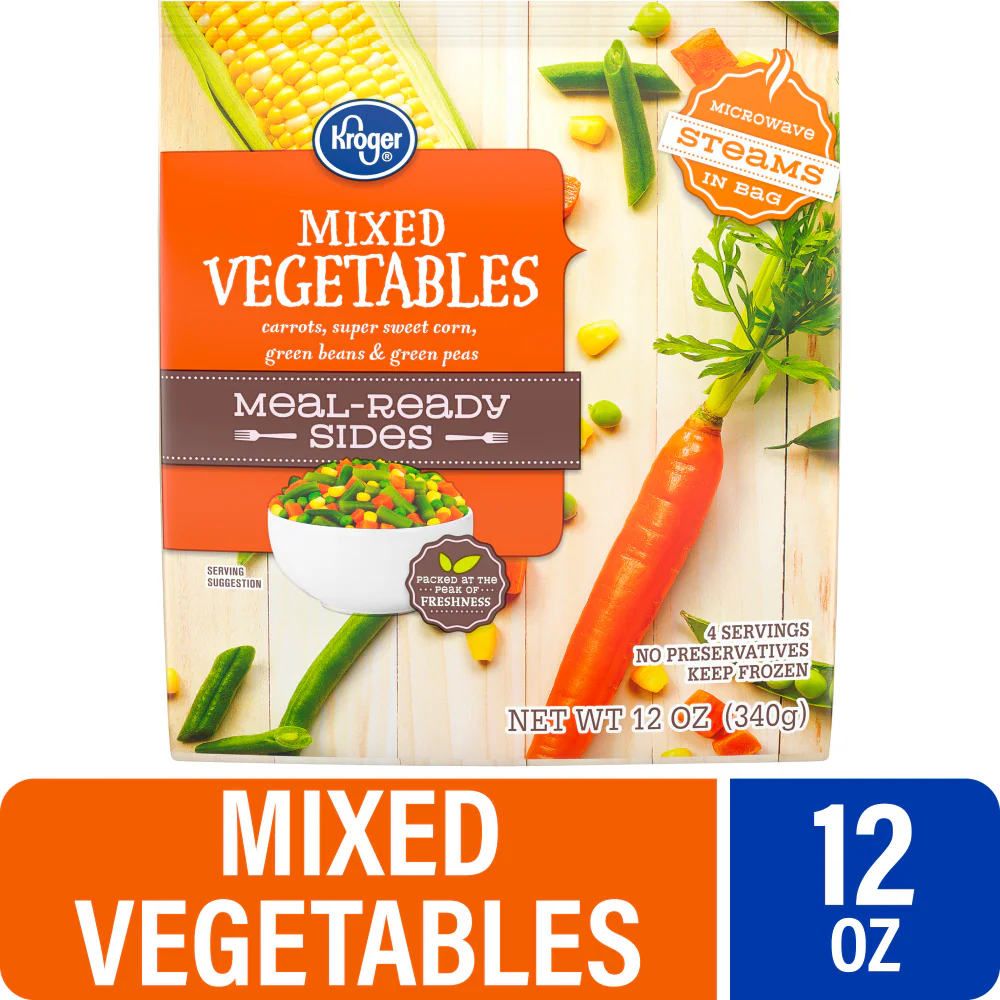 A package of Kroger Mixed Vegetables, featuring images of carrots, corn, green beans, and peas. The label highlights "Microwave Steams in Bag," "Meal-Ready Sides," 12 oz, and "Keep Frozen.