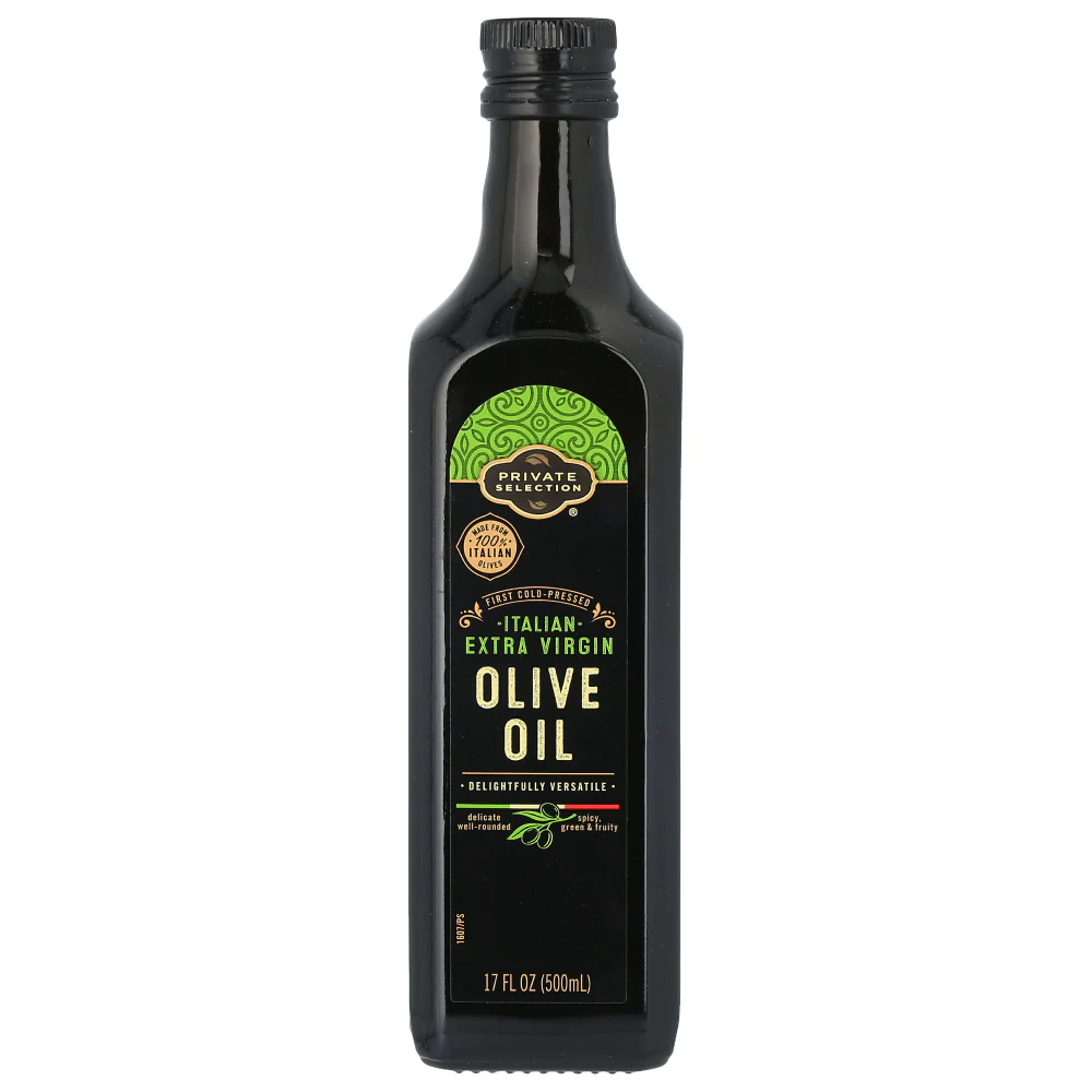 A dark glass bottle of Private Selection Italian Extra Virgin Olive Oil, 17 fluid ounces, with a black and green label displaying gold accents and olive branch graphics.