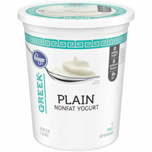 A white plastic container of Kroger Greek Plain Nonfat Yogurt with a teal Greek key design, an image of creamy yogurt, and labels indicating no added sugar, no artificial flavors, and 0% fat.