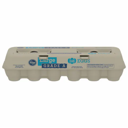A closed carton of Kroger Large Grade A eggs containing 12 eggs. The carton is light-colored with blue and white labeling displaying the brand and product details.