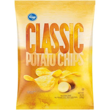 A yellow bag of Kroger Classic Potato Chips featuring large bold text and an image of several potato chips with a sliced potato on the front. The bag is 10 oz (283g) and labeled gluten free.