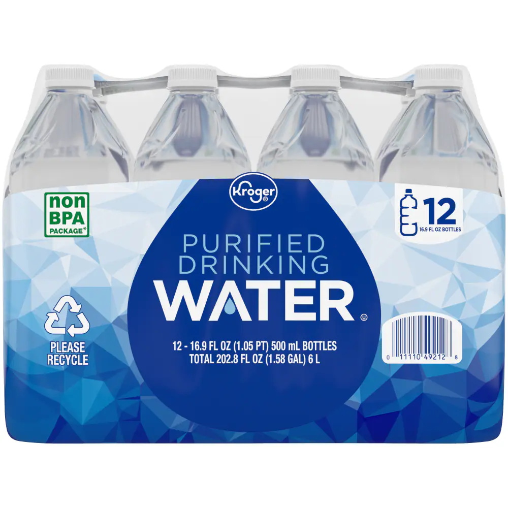 A 12-pack of Kroger purified drinking water bottles, each 16.9 fl oz, wrapped in blue geometric-patterned plastic packaging with recycling and non-BPA labels.