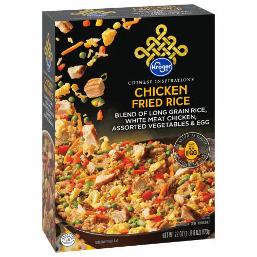 A box of Kroger Chinese Inspirations Chicken Fried Rice, showing rice, chicken, vegetables, and egg. The label highlights long grain rice, white meat chicken, assorted vegetables, and egg. Net weight: 22 oz.