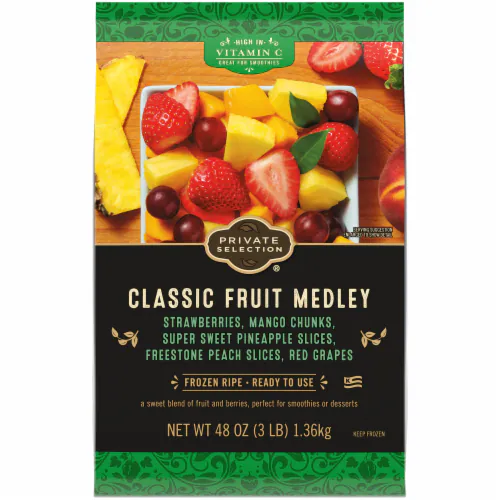 A package of Private Selection Classic Fruit Medley featuring images of strawberries, mango chunks, pineapple slices, peach slices, and red grapes. The bag is 48 oz and highlights that the fruit is frozen ripe and ready to use.