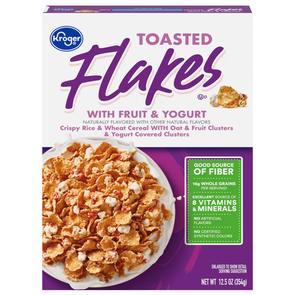 Front of a box of Kroger Toasted Flakes with Fruit & Yogurt, featuring a large bowl of cereal with clusters and flakes. The box highlights fiber, vitamins, whole grains, and no synthetic colors.