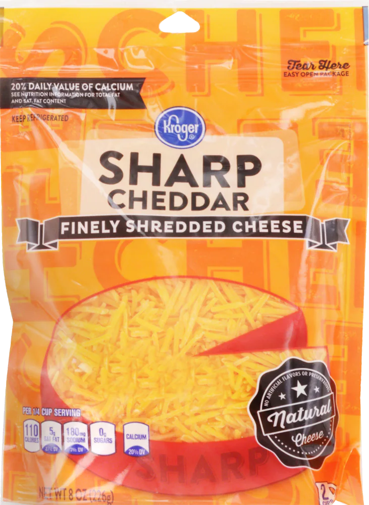 A package of Kroger Sharp Cheddar Finely Shredded Cheese, 8 ounces, with an orange and yellow design, nutrition facts, and a transparent window showing the shredded cheese inside.