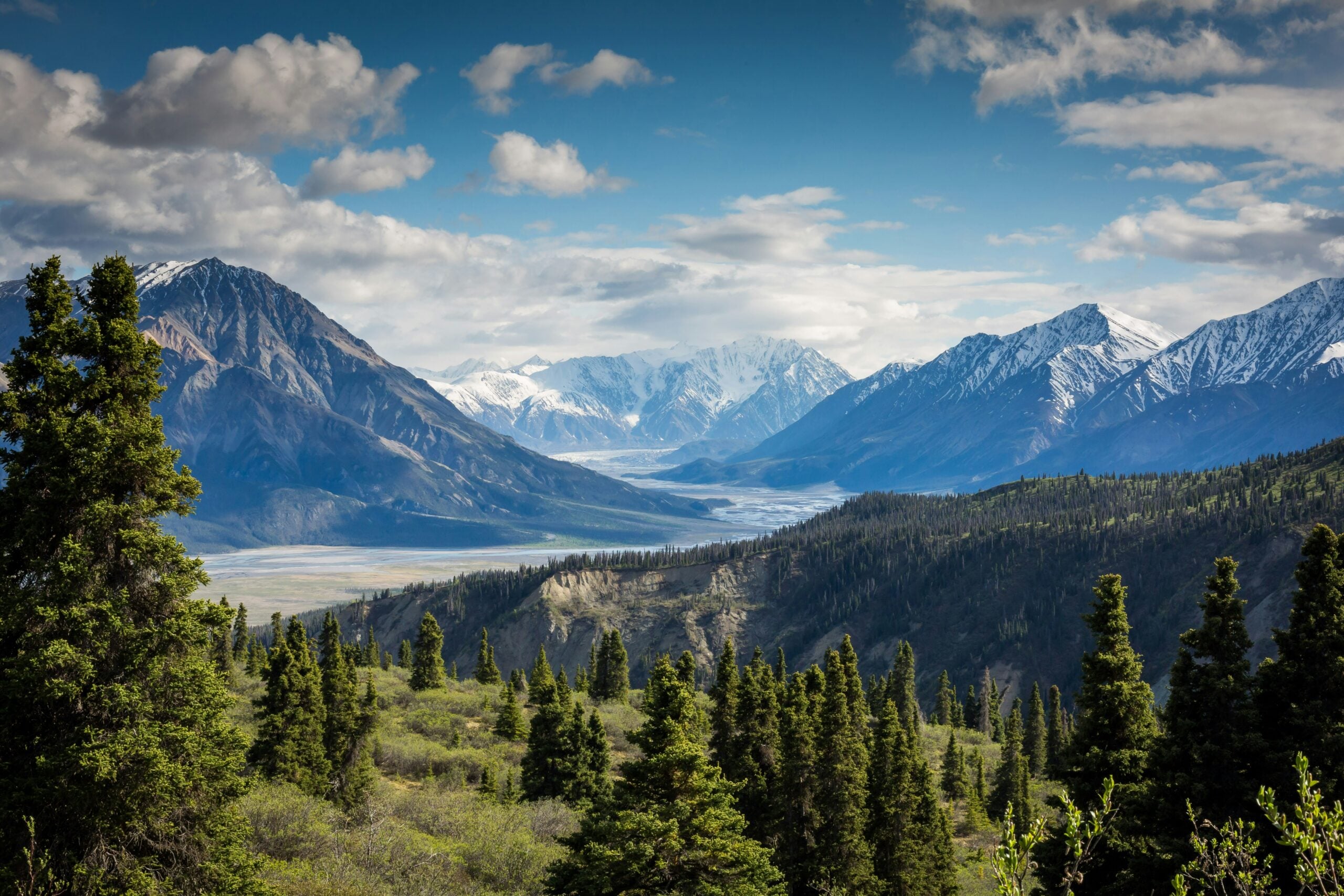 Scenic view of a lush green valley with pine trees, surrounded by tall snow-capped mountains under a partly cloudy blue sky.