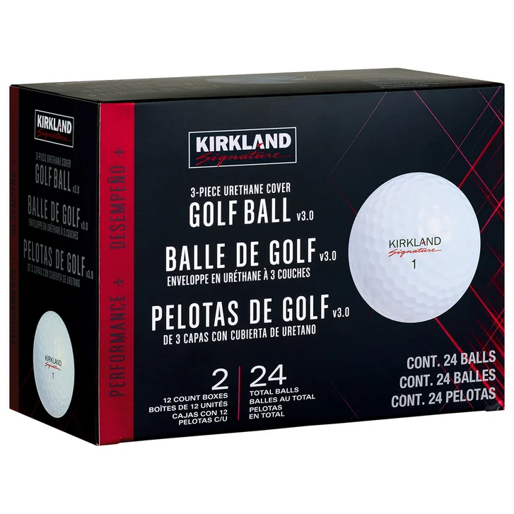 A black box of Kirkland Signature 3-piece urethane cover golf balls, labeled in English, French, and Spanish. The box contains 24 white golf balls, with images and product details on the front.