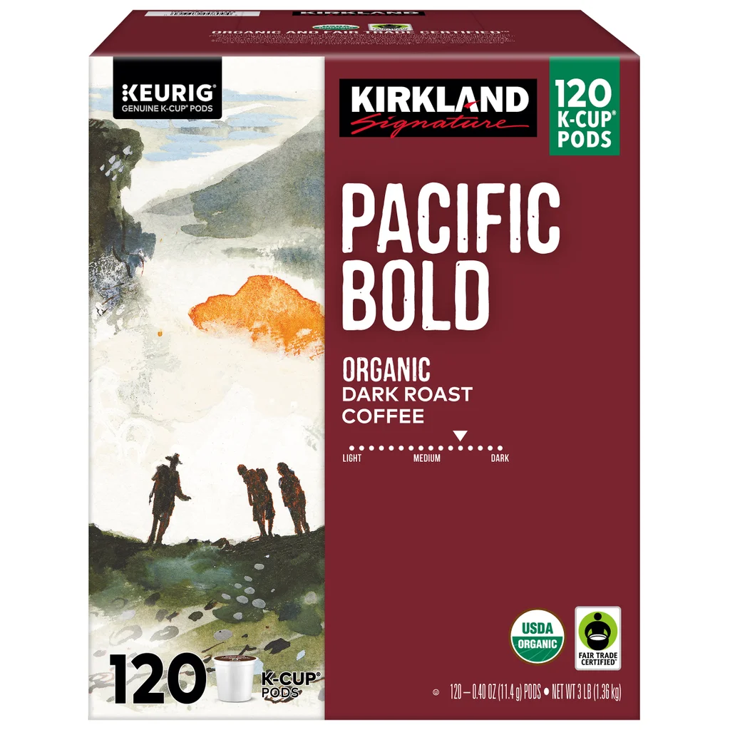 Box of Kirkland Signature Pacific Bold Organic Dark Roast Coffee, 120 K-Cup pods. The packaging features a landscape illustration and highlights "dark roast," "USDA Organic," and "Fair Trade Certified" labels.