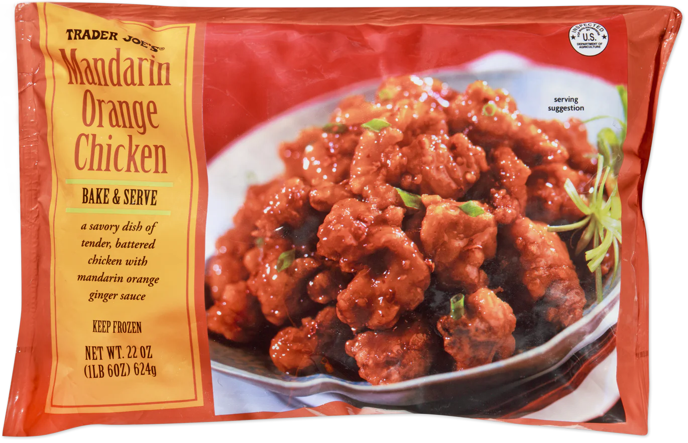 A package of Trader Joe's Mandarin Orange Chicken featuring an image of glazed, breaded chicken pieces on a plate, garnished with sliced green onions. The packaging is mainly orange with product details and serving suggestion shown.