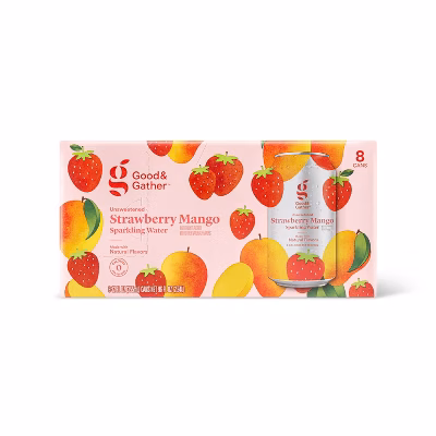 A pink 8-pack box of Good & Gather Strawberry Mango Sparkling Water, decorated with illustrations of strawberries and mangoes. One can of the beverage is pictured on the front of the box.