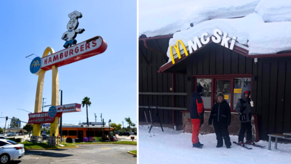 Split image: Left, a retro McDonald's sign with "HAMBURGERS" beneath golden arches in a sunny area. Right, people in ski gear stand outside a McDonald's called "McSki" in a snowy setting&mdash;two of the coolest McDonald's locations.