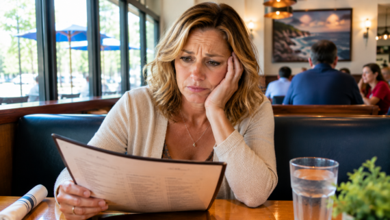A woman sits alone at a restaurant table, looking concerned as she reads the menu and contemplates restaurant meals. Resting her head on one hand, she gazes at a glass of water, with other diners visible in the background.