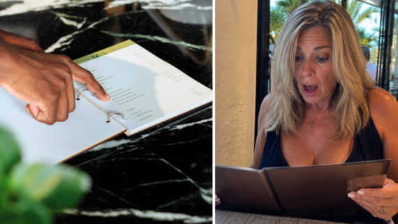 A split image: on the left, a hand points at a menu on a marble table; on the right, a surprised blonde woman discovers Restaurant Menu Tricks while sitting at a restaurant.