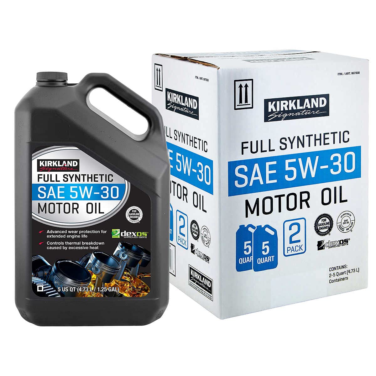 A black 5-quart container of Kirkland Signature SAE 5W-30 full synthetic motor oil is next to a white box labeled with the same branding, indicating a 2-pack of the product.